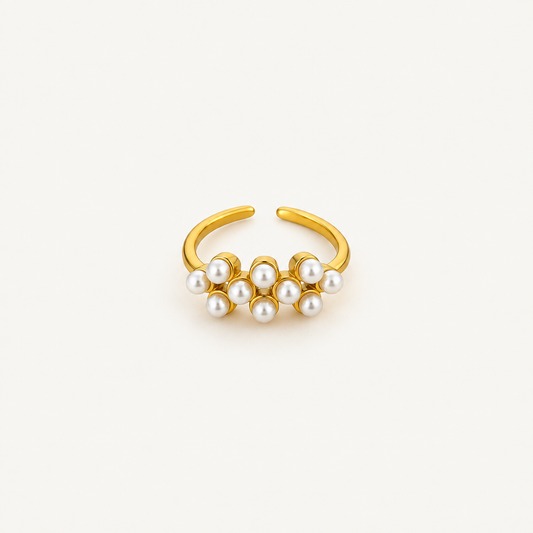 Halo Open Ring in imitation pearl - ARWELY, open gold band with a cluster of bezel-set pearls