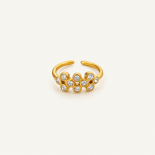 Halo Open Ring in zirconia - ARWELY, open gold band with a cluster of bezel-set stones