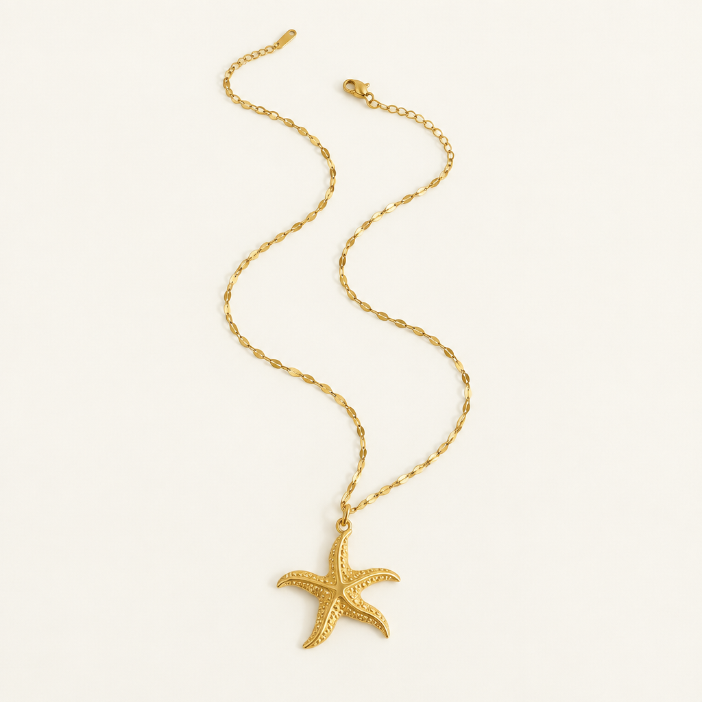 Récif Pendant Necklace, Starfish - ARWELY, textured gold starfish charm on a sequin-link chain