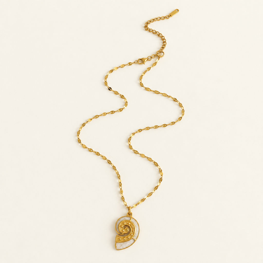 Récif Pendant Necklace, Conch - ARWELY, gold shell charm with white inlay on a sequin-link chain