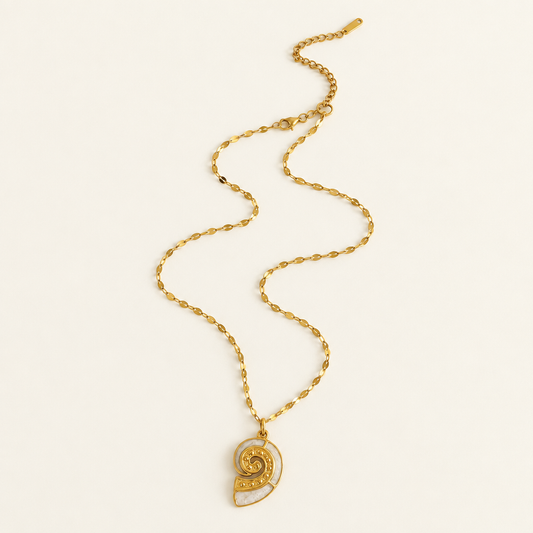 Récif Pendant Necklace, Conch - ARWELY, gold shell charm with white inlay on a sequin-link chain