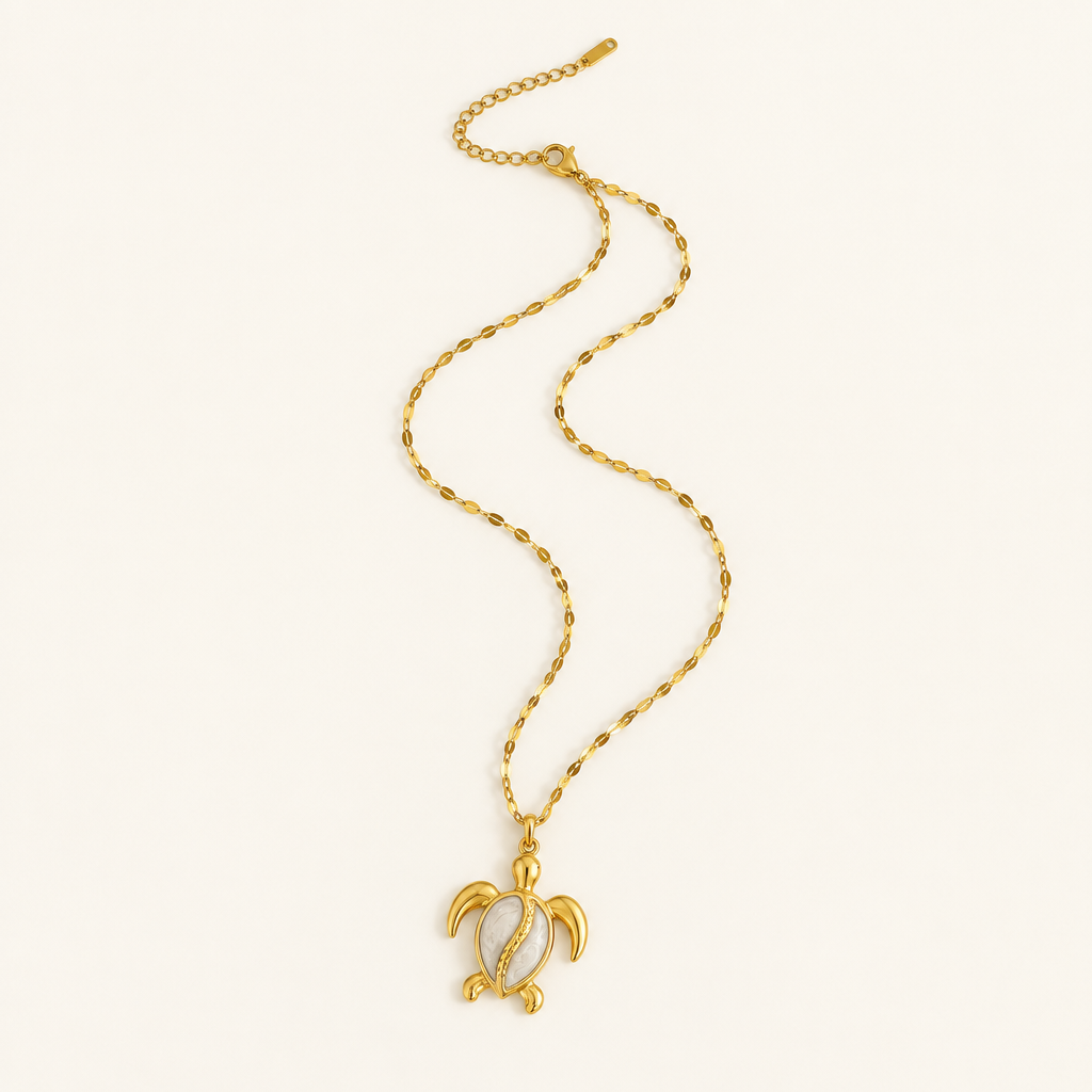 Récif Pendant Necklace, Turtle - ARWELY, gold turtle charm with white inlay on a sequin-link chain