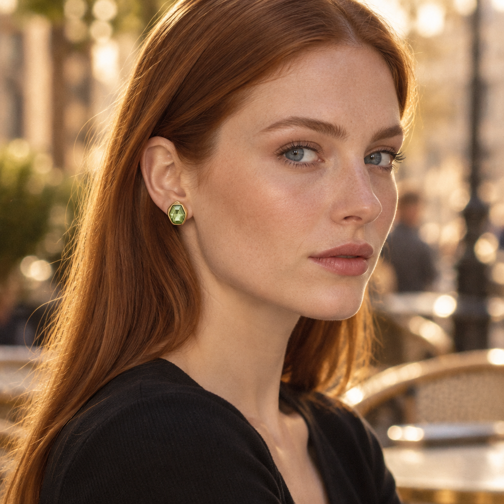 Prisme Stud Earrings in green worn at a café terrace in late afternoon light