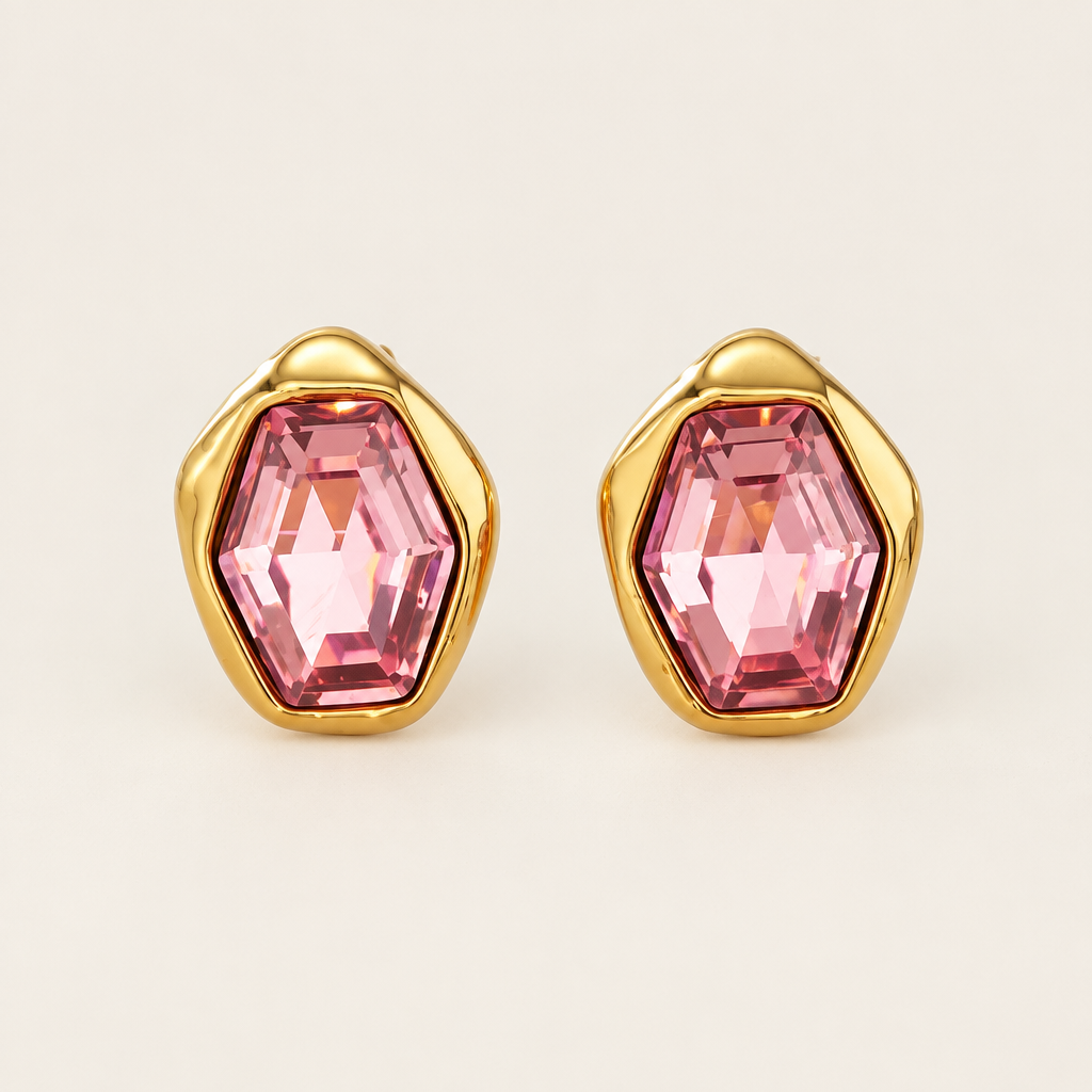 Prisme Stud Earrings, Pink - ARWELY, faceted pink glass stone in a gold bezel