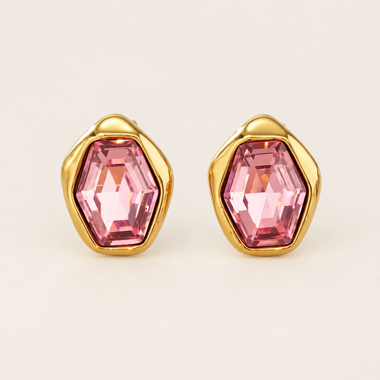 Prisme Stud Earrings, Pink - ARWELY, faceted pink glass stone in a gold bezel