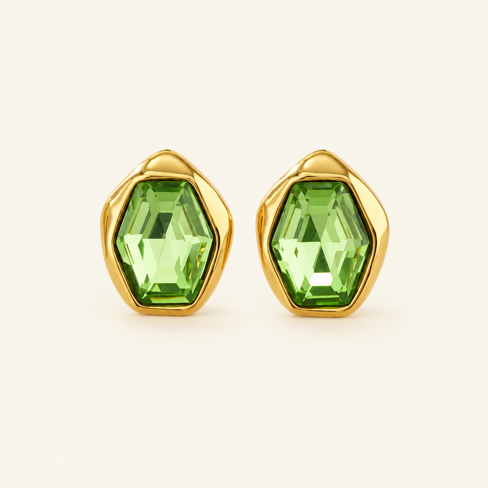 Prisme Stud Earrings, Green - ARWELY, faceted green glass stone in a gold bezel