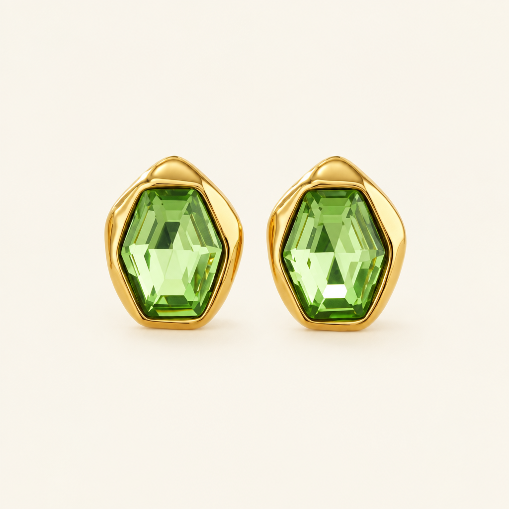 Prisme Stud Earrings, Green - ARWELY, faceted green glass stone in a gold bezel