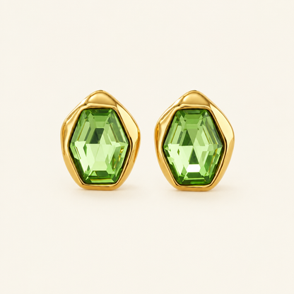Prisme Stud Earrings, Green - ARWELY, faceted green glass stone in a gold bezel