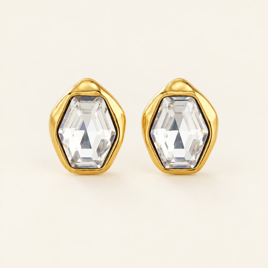 Prisme Stud Earrings, White - ARWELY, faceted clear glass stone in a gold bezel