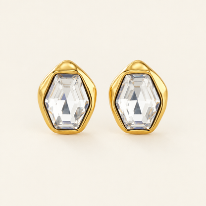 Prisme Stud Earrings, White - ARWELY, faceted clear glass stone in a gold bezel
