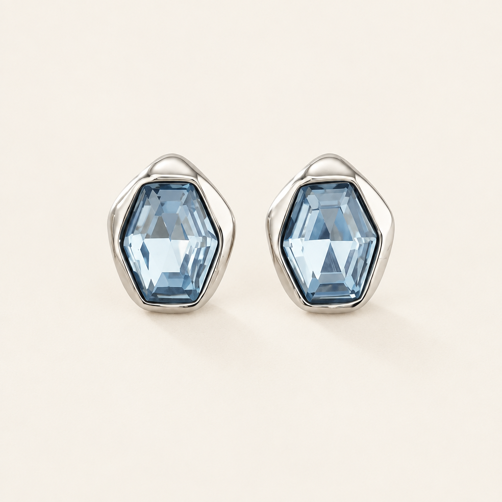 Prisme Stud Earrings, Blue - ARWELY, faceted blue glass stone in a silver-tone bezel