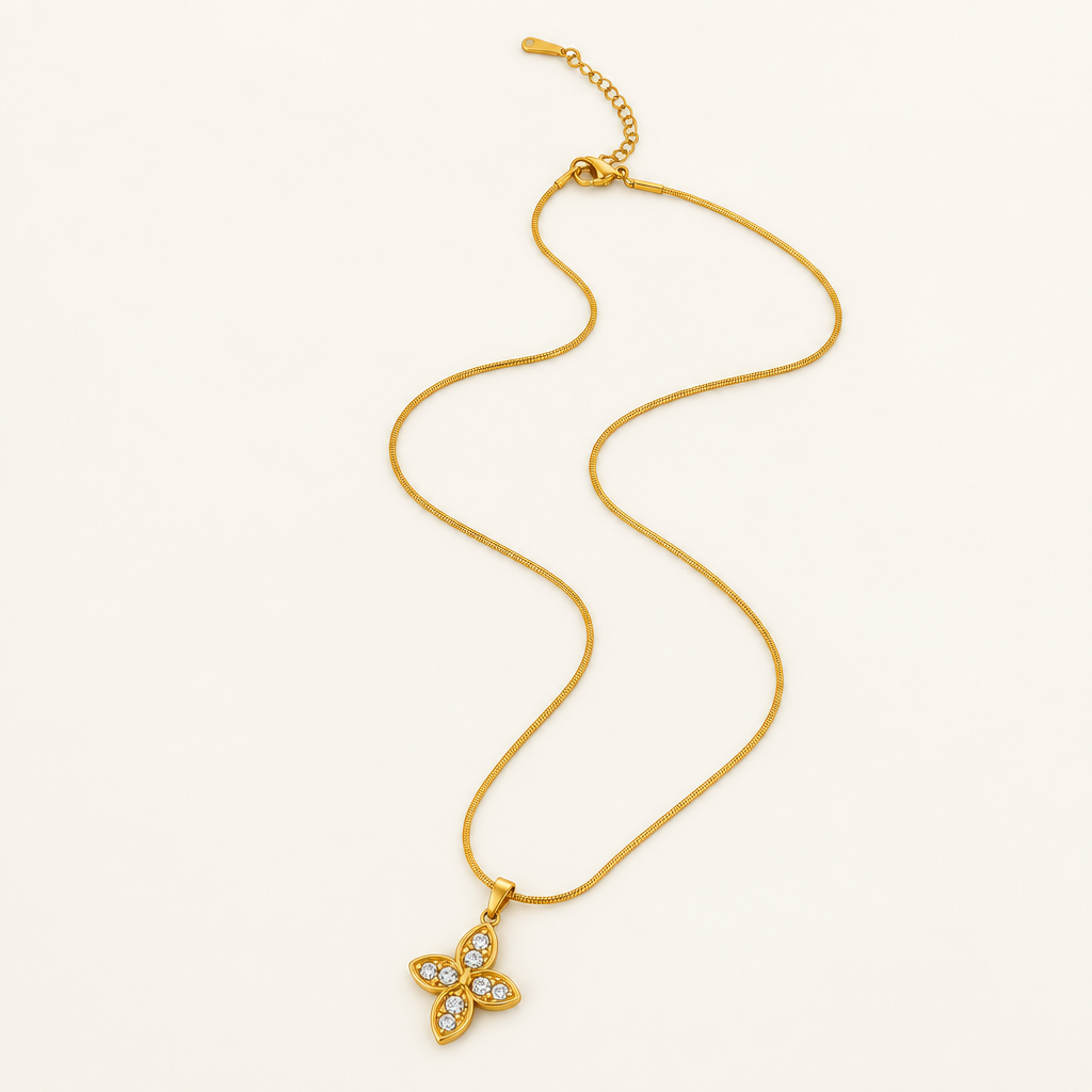 Trèfle Pendant Necklace - ARWELY, four-petal pendant set with zirconia on a fine snake chain