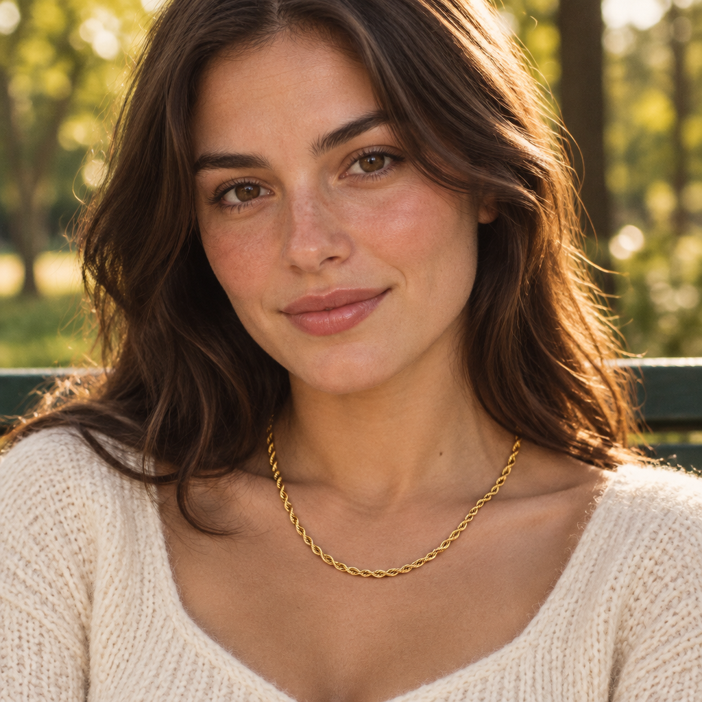 Corde Rope Necklace worn outdoors in a park in afternoon light