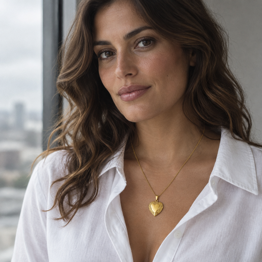 Cœur Pendant Necklace worn at a window on an overcast morning
