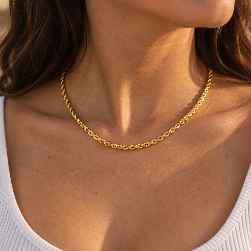 Corde Rope Necklace worn at the collarbone in late afternoon light