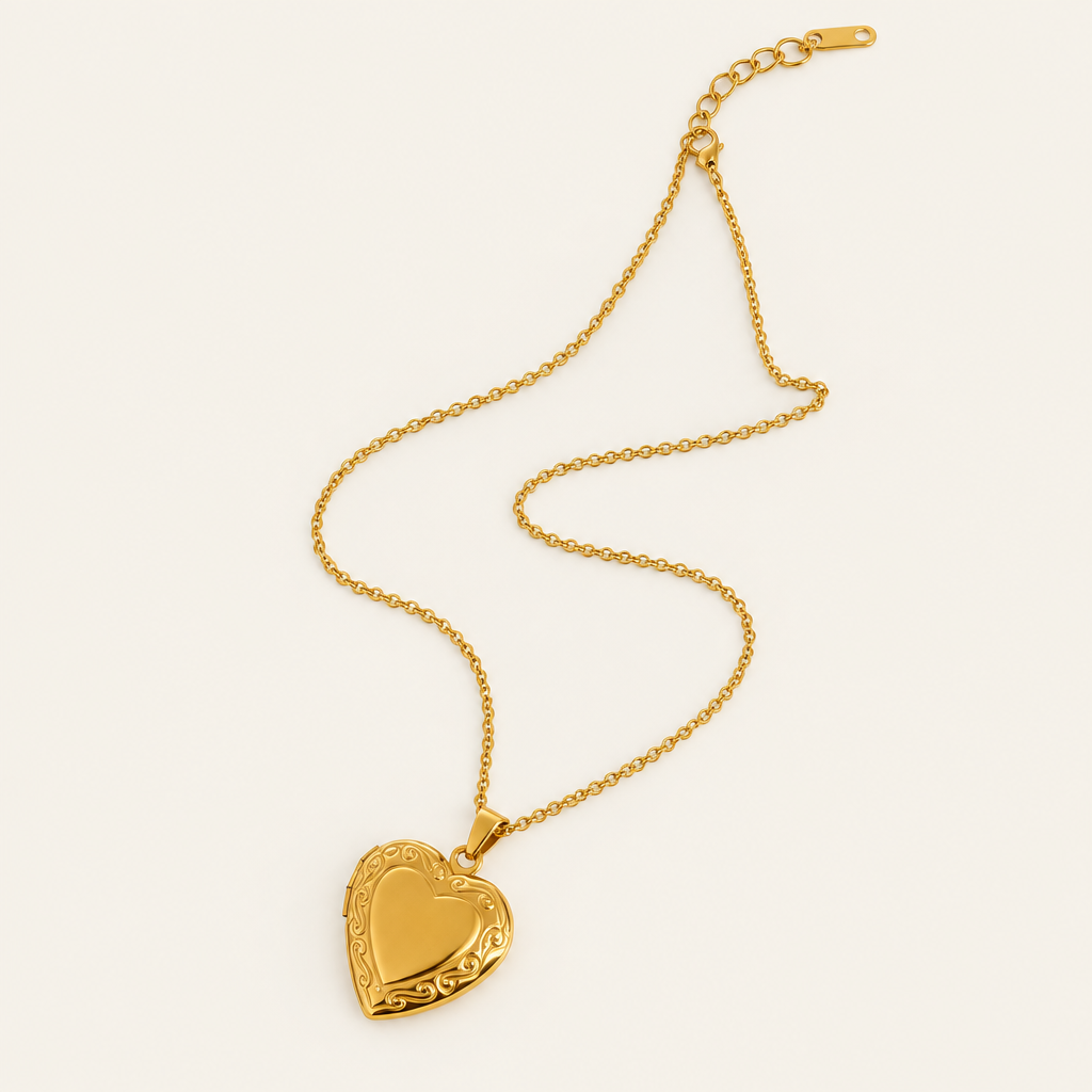 Cœur Pendant Necklace - ARWELY, gold heart locket with a scrolled border on a fine cable chain