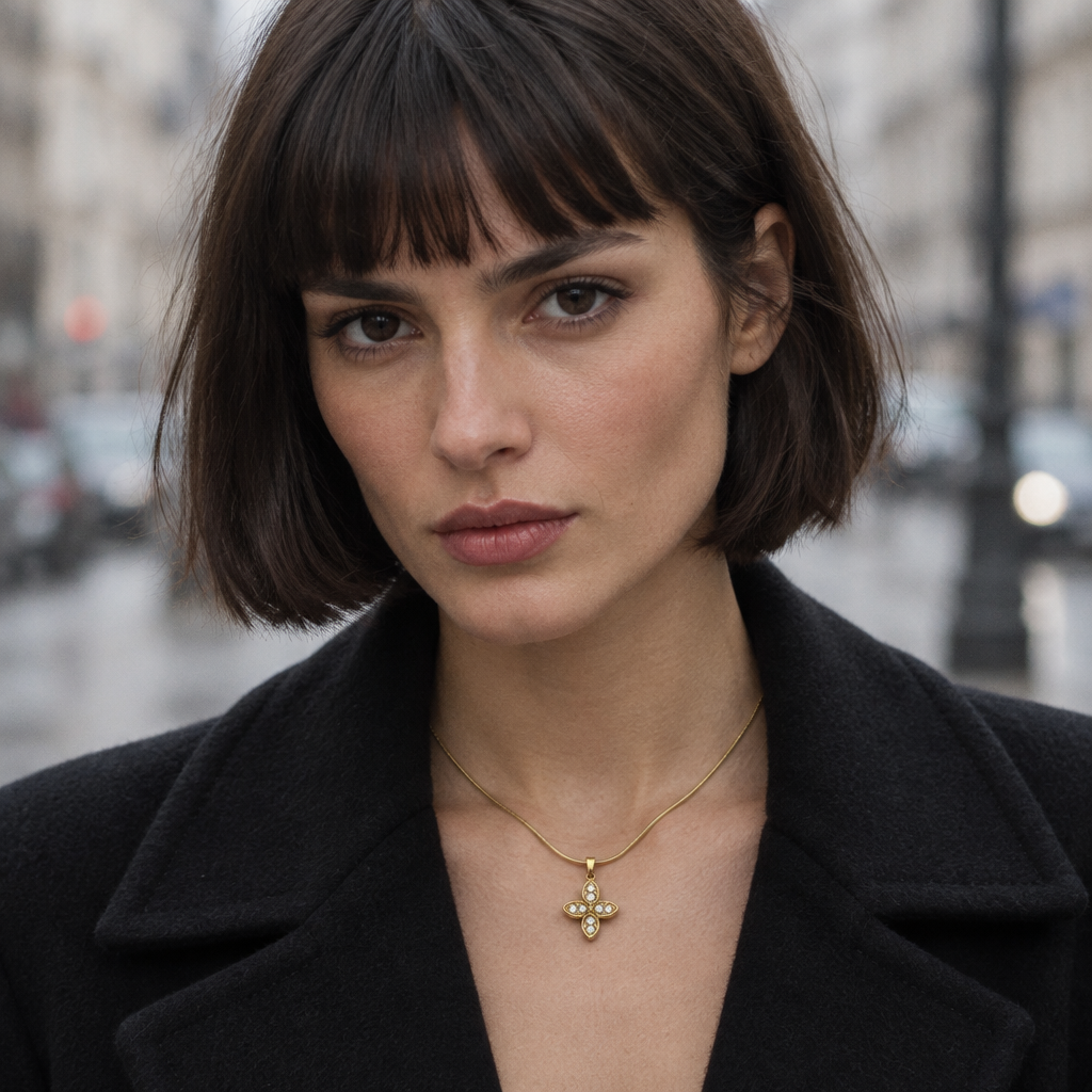 Trèfle Pendant Necklace worn on a city street in overcast daylight