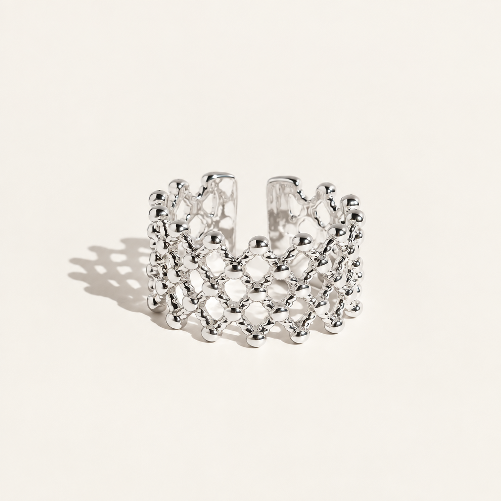 Tressa Open Ring in silver - ARWELY, wide open band of small beads in a diamond lattice