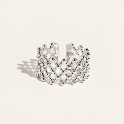 Tressa Open Ring in silver - ARWELY, wide open band of small beads in a diamond lattice