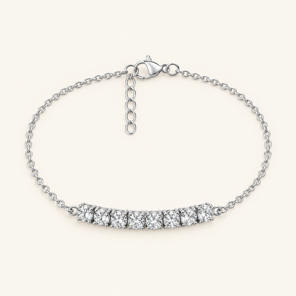 Orbit Bar Bracelet in silver - ARWELY, nine prong-set zirconia on a fine cable chain